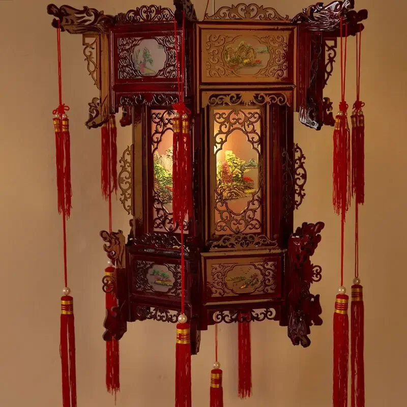 Palace lantern carved wooden lantern Chinese balcony hexagonal red sheepskin housewarming outdoor antique lantern