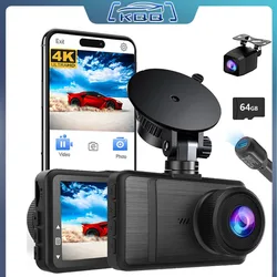 KQQ-Caméra de tableau de bord Ultra HD 4K pour touristes, avant et arrière, prise en charge WiFi et contrôle d'application, moniteur de stationnement 24h avec carte SD 64g