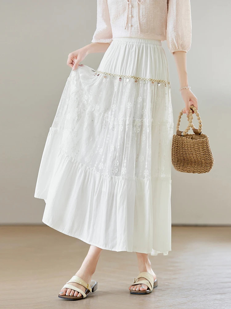 

SENTUBILA Women's Summer Elegant High Waist Long Skirts Splicing Lace A Line Skirt 2025 New Collection Boho Clothes W52QA2019