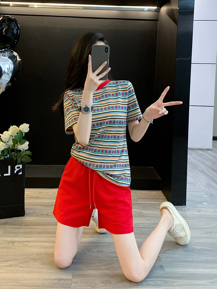 Summer Salt Series Light Maturity High End Complete Striped Short Sleeve Top Wide Leg Shorts Two Piece Set Elegant Casual Spo...