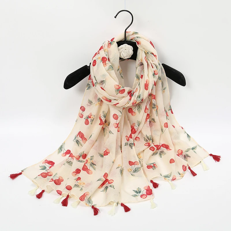 

Temperament Women Tassels Voile Scarf Lovely Cherry Print Nackerchief Thin Beach Sunscreen Headscarf