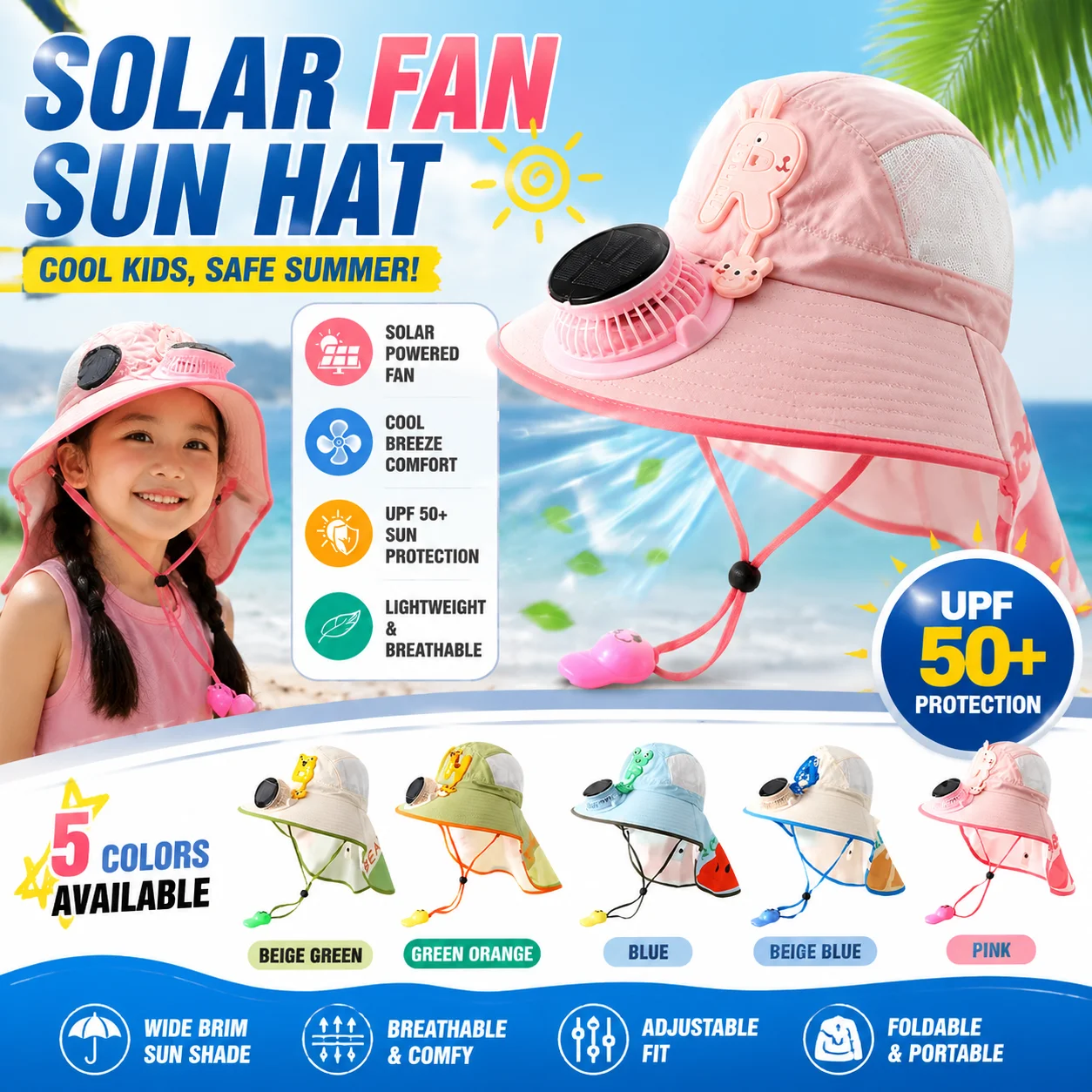 

Kids Solar Fan Sun Hat Upf50 Uv Protection Neck Flap Bucket Hat Solar Usb Dual Charging Cooling Cap For Outdoor Beach Activities