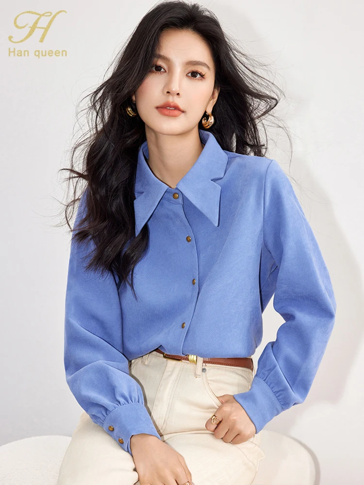 H Han Queen Autumn Winner Simple Office Blouse Female Shirt Long Sleeve Tops Casual Korean Style Loose Blouses Women Clothing