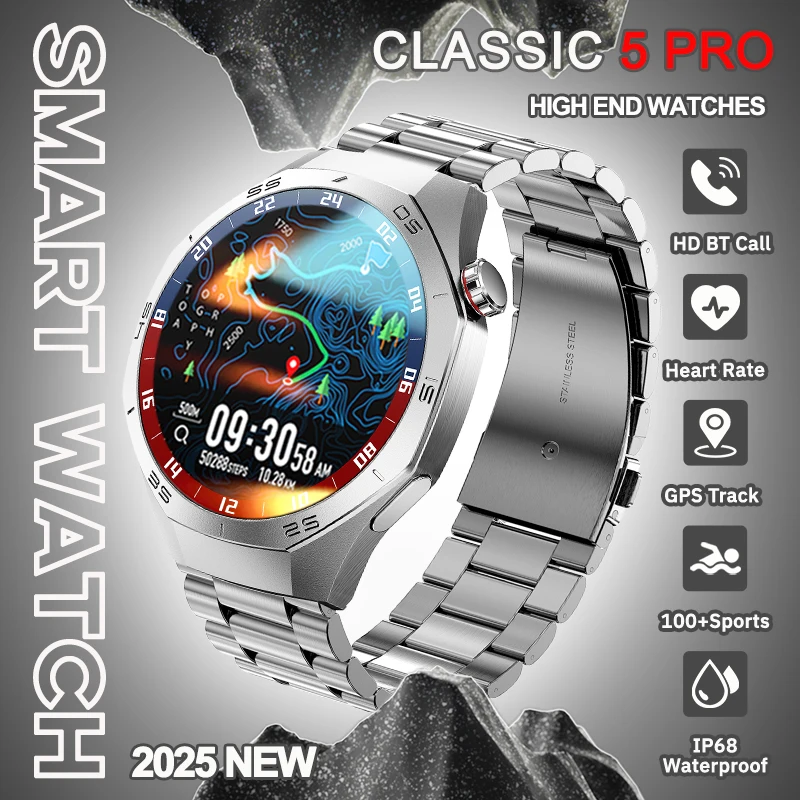2025 موضة جديدة كلاسيكية 5 برو الرجال لتحديد المواقع SmartWatch AMOLED عرض HD دعوة معدل ضربات القلب IP68 مقاوم للماء ساعة اللياقة البدنية سوار ذكي