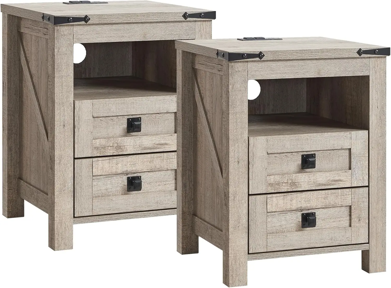 مجموعة منضدة المزرعة مكونة من قطعتين مع قاعدة شحن ودرجين ورف مفتوح، وطاولة جانبية من خشب البلوط الريفي لغرفة النوم أو غرفة المعيشة #1