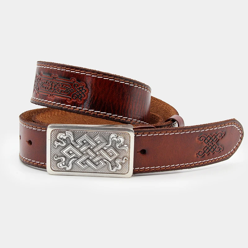 モンゴルベルト-トップレイヤー牛革-ナショナルスタイル-メンズギフト-中空合金バックル-幸運の結び目デザイン-伝統的な民族ベルト