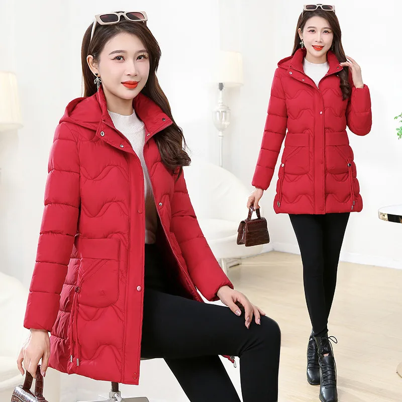 

High-End Cotton Jacket For Women 2025 Winter Coats Slim Warm Mid-Length Korean Fashion Thicke Hooded Outwear Female