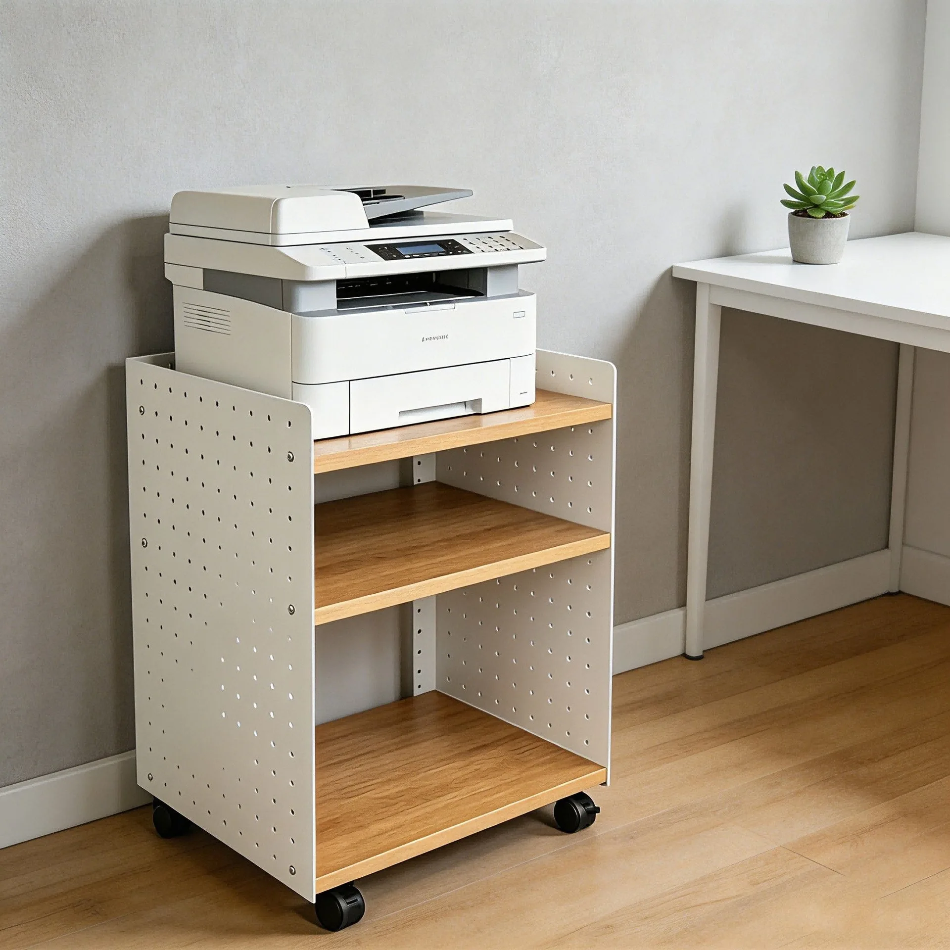 Wrought iron hole plate printer shelf, silent roller mobile three-layer shelf, office copier storage rack