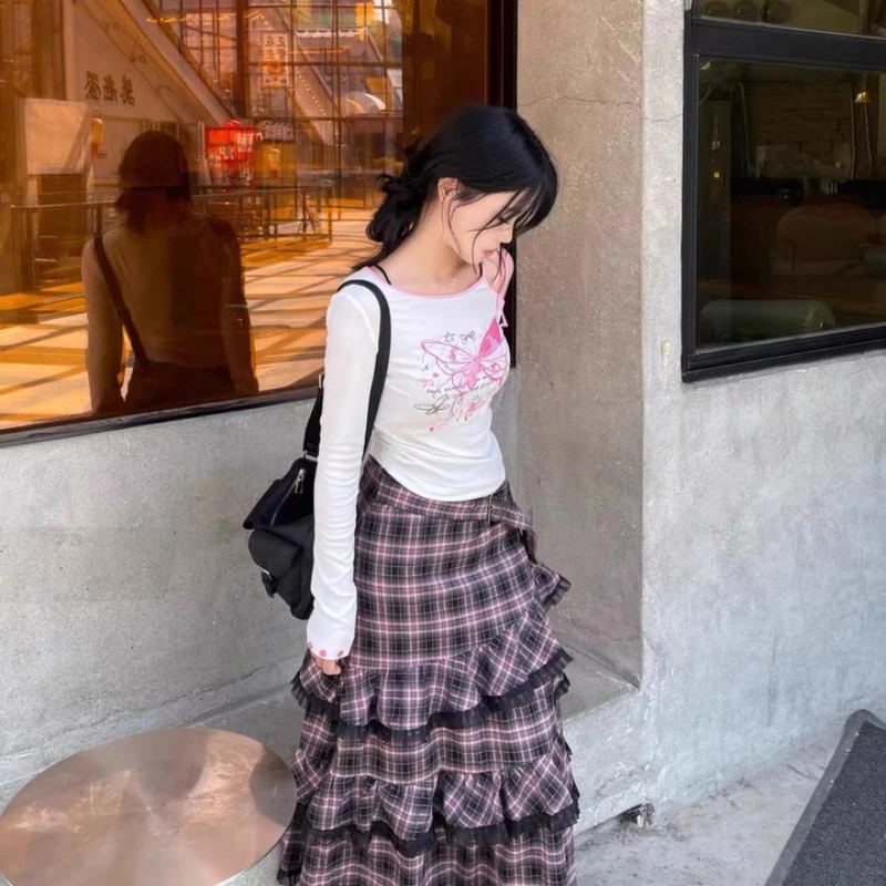 Falda acampanada a cuadros para mujer, diseño Vintage, dulce, rosa y negro, corte en A, encaje, faldas largas holgadas y versátiles, novedad de otoño