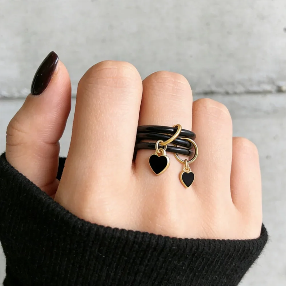 INS Stainless Steel Spinelli Kilcollin Rings Black Heart Pendants For Female Women Multi Layers Stackable Ring Fashion Jewelry