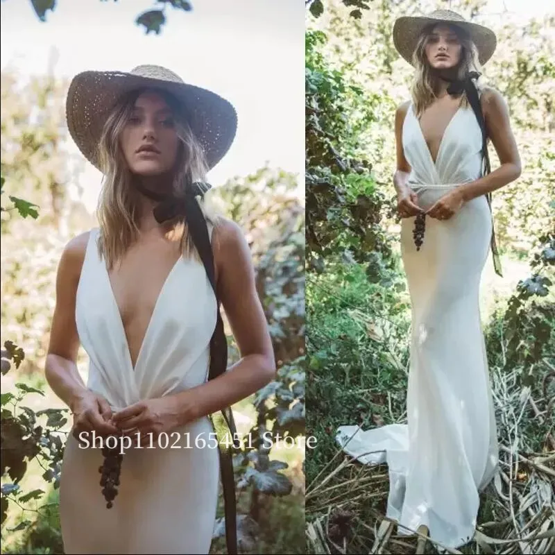 Simple Crepe ชุดเดรสเมอร์เมดแขนกุดชายหาด Bohemian Backless ชุดเจ้าสาว PLUS ขนาด Vestido De Novia ที่กําหนดเอง