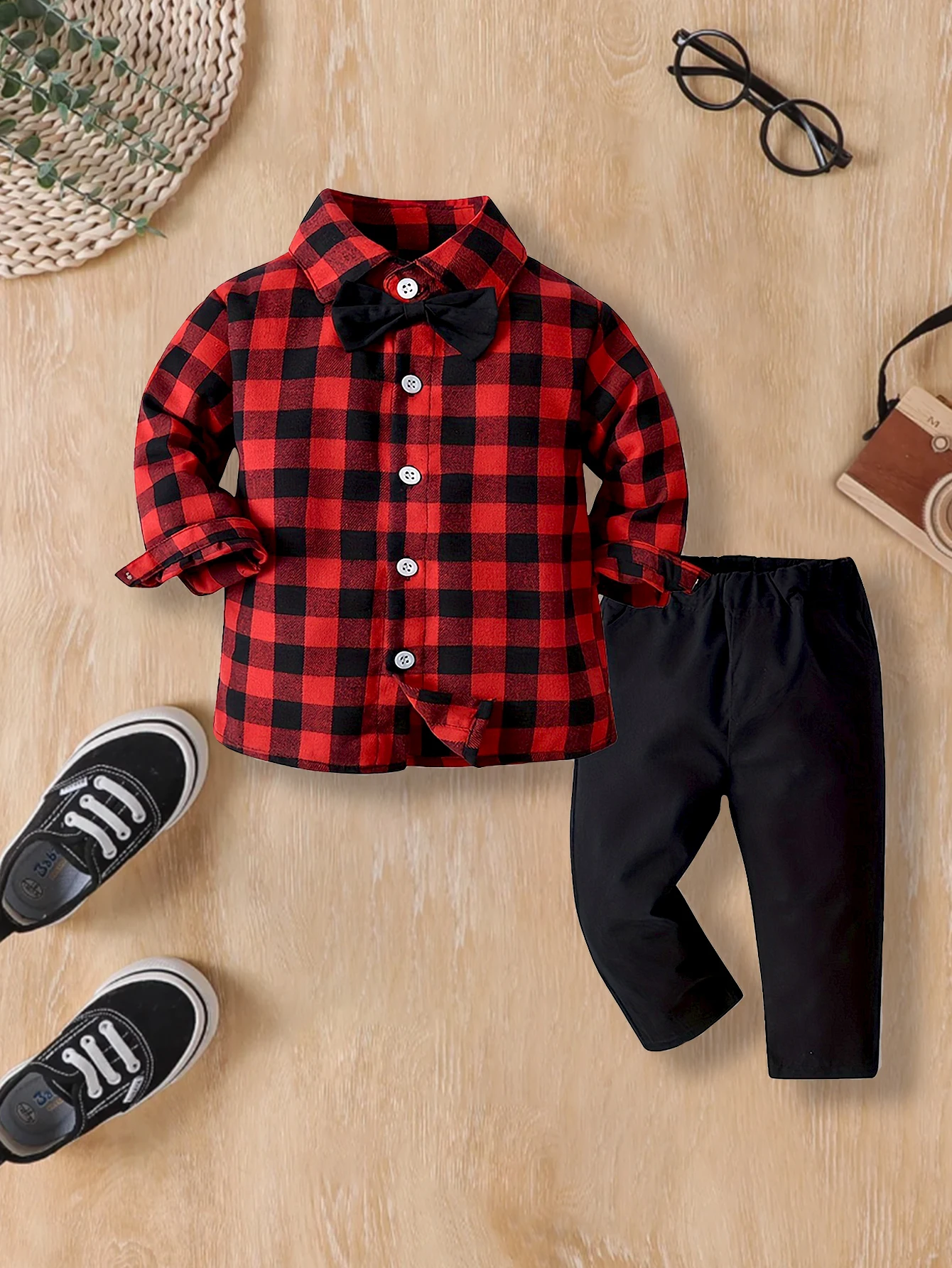 

2PCS Autumn and winter boys' trousers suit, soft and comfortable baby boy's plaid suit suit