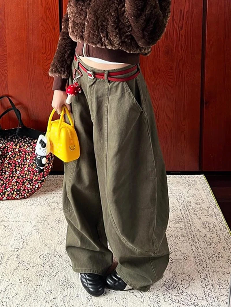 

Американские ретро-джинсы цвета хаки с эффектом потертости, свободные широкие брюки, женские, новый дизайн, повседневные брюки, осенне-зимняя мода