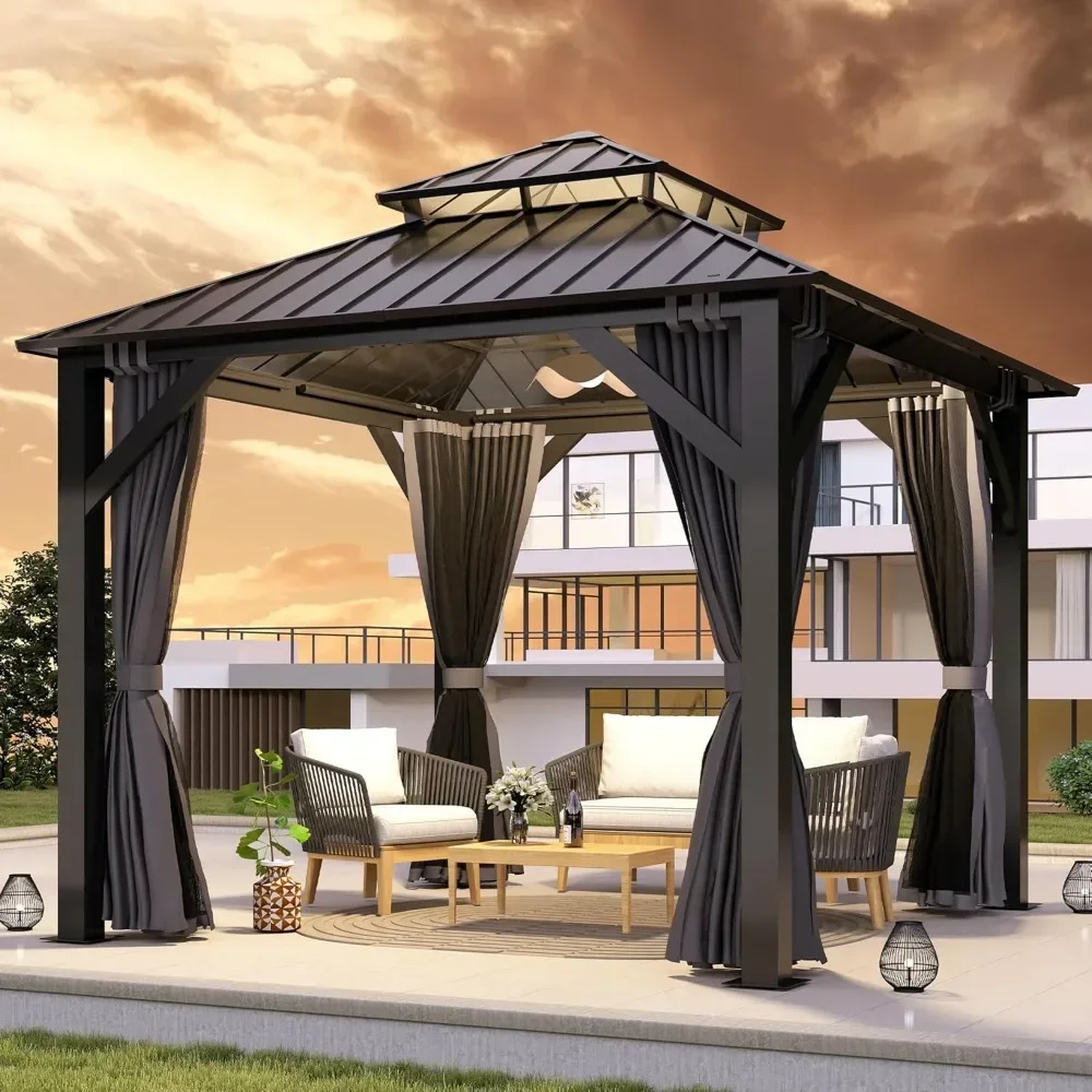 

8.5x8.5FT Outdoor Hardtop Gazebo with Double Roof-Heavy-Duty Galvanized Steel Top Gazebo with Breathable Netting&Privacy Curtain