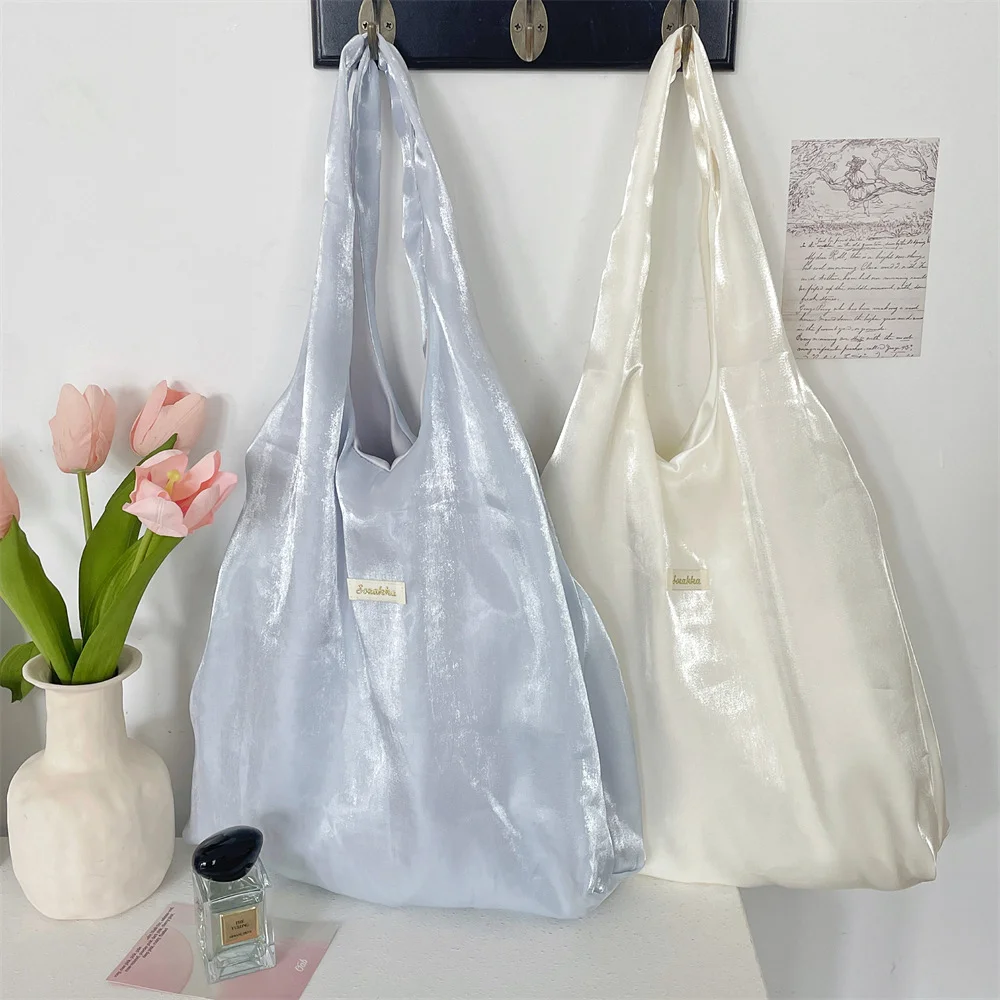 Feminine Fairy Style Satin Tote Bag Large Capacity Shoulder Handbag Casual Underarm Bag for Girls Daily Use Shopping Travel