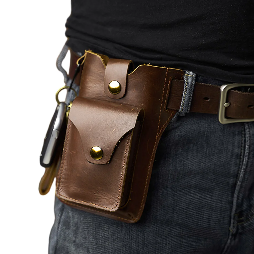 Genuine Leather Men\'s Waist Bag Fashion Phone Multifunctional Retro style Key Wallet Sports Phone Waist Bags For 6.5 In Phone