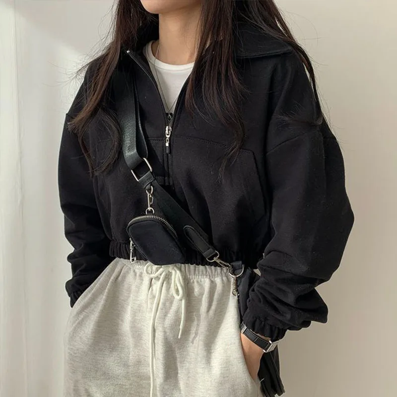 Women Sweatshirts 2024 Spring Autumn Solid Color Zip Up Coats Oversized Hoodies Korean Fashion Female Long Sleeve Lapel Jackets