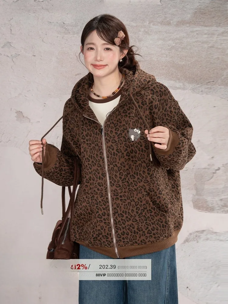 

Heynew: Женская толстовка больших размеров с капюшоном и леопардовым принтом, на молнии, свободного кроя, для зимы, комфортная повседневная одежда