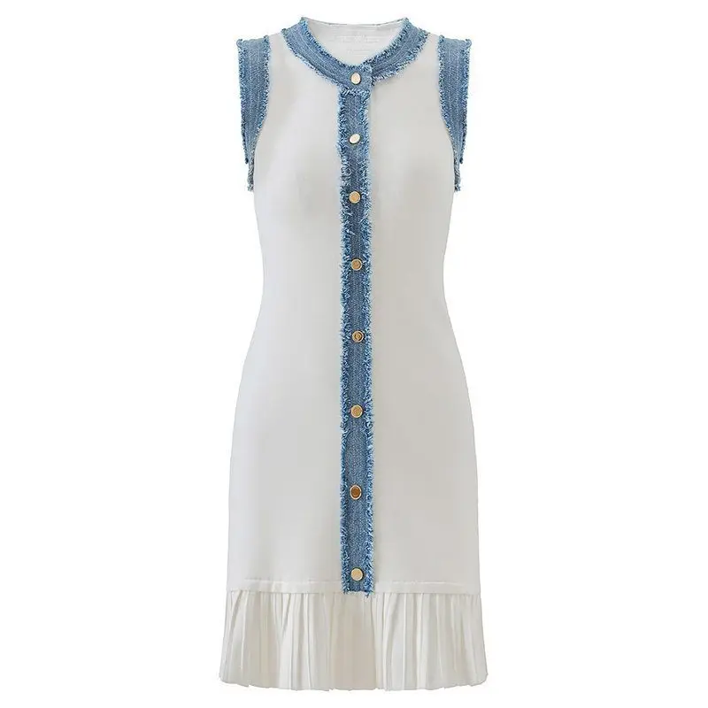 

Elegant Early Spring 2025 Fashionable Denim Splice Sleeveless Knitted Dress Pleated Slimming Effect Quality Ladies Skirt