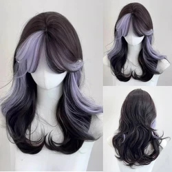 Synthetic Medium Long Ombre Black Purple Highlights Wig Wavy Fluffy Lolita Cosplay Heat Resistant Wig for Daily Party