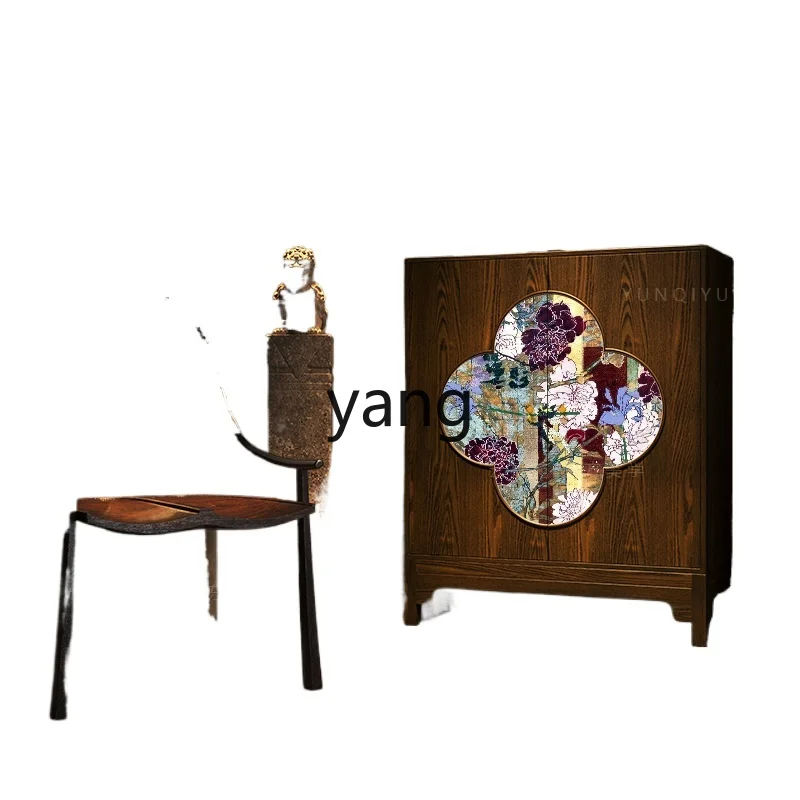 

Yjq solid wood dining side storage chest cabinet living room sofa next to tea room Chinese flower and bird tea cabinet