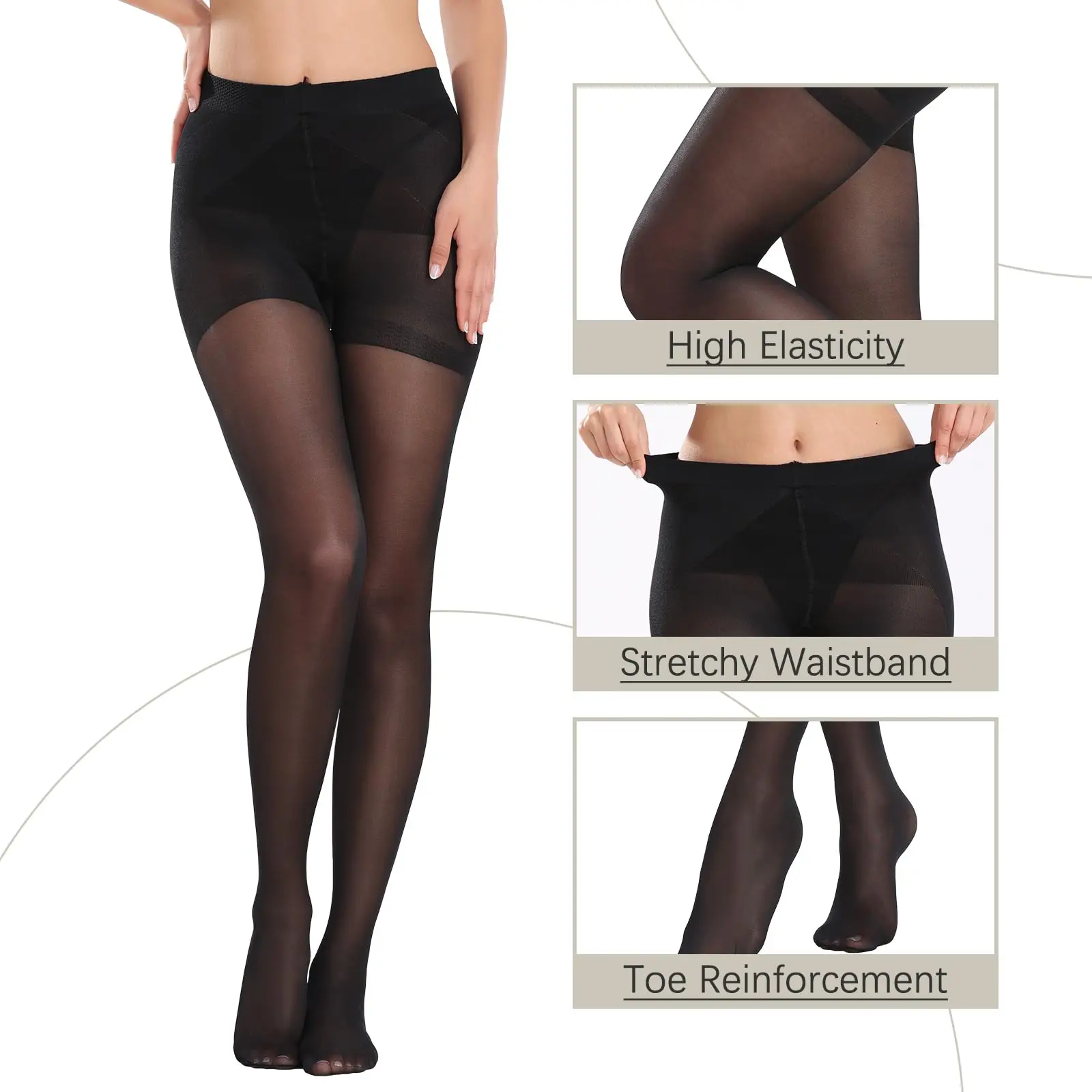 Kave 2 คู่ 40D ผู้หญิง Sheer Tights เอวสูงควบคุม Pantyhose ด้านบนเสริมนิ้วเท้าไนลอนยืดหยุ่นสูงเซ็กซี่ Party Tights