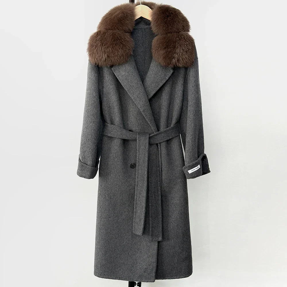 

Reality Woolen Jacket Natural Real Fox Fur Loose Fur Jacket Women New Autumn Spring Cashmere Outerwear Long Wool Blends Coat