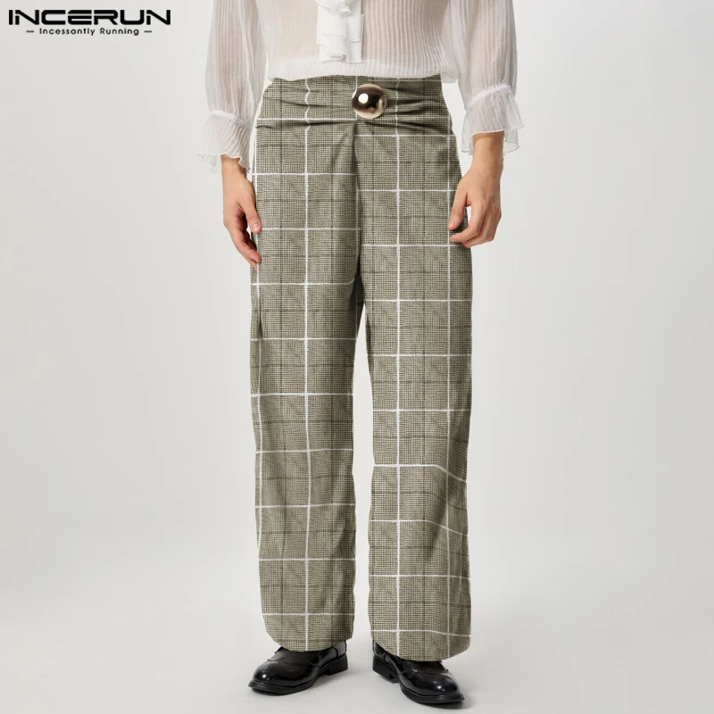 INCERUN, pantalón largo elegante 2024, pantalones con hebilla de Metal de diseño trenzado para hombre, pantalones informales bien ajustados con patrón de rejilla para hombre, pantalones S-5XL