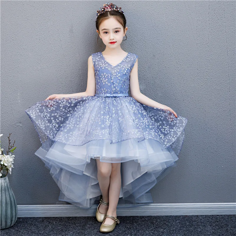 

3-12 years blue Girls party Dresses Children's Fashion white Wedding Dress Fluffy Host Catwalk Piano Performance champagne