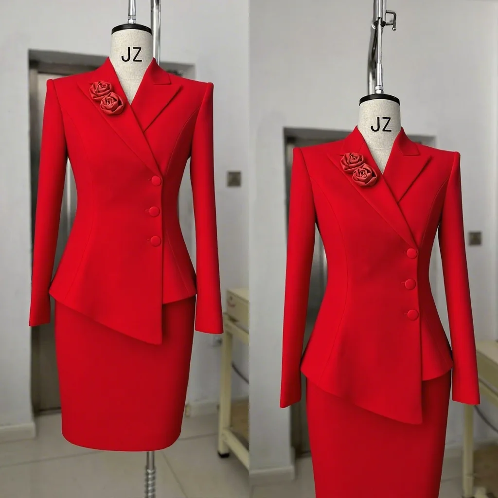 

Vintage Women Skirt Suits 2 Pieces Slim Fit Handmade Flower Decor Designer Blazer Suits Customized Business Office Lady Outfit