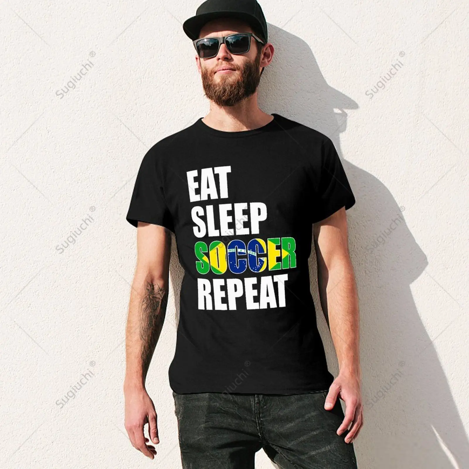 Unisex Men Eat Sleep Soccer Repeat Soccer Brazil Brasil Lover Player Tshirt Tees T Shirts Women Boys 100% Cotton T-Shirt