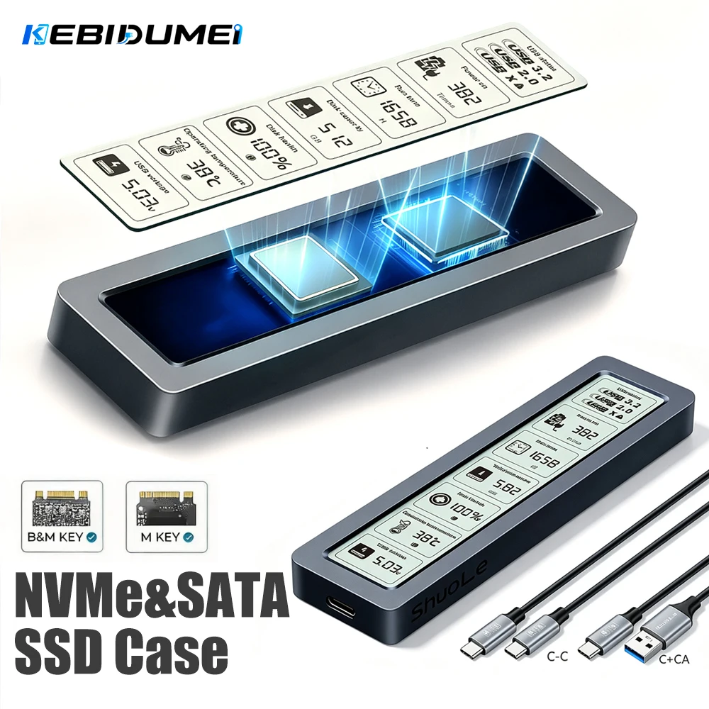 KEBIDUMEI M.2 NVMe SATA SSD Enclosure With Smart Status Display Screen 10Gbps USB3.2 Gen2 Aluminum Hard Drive Case