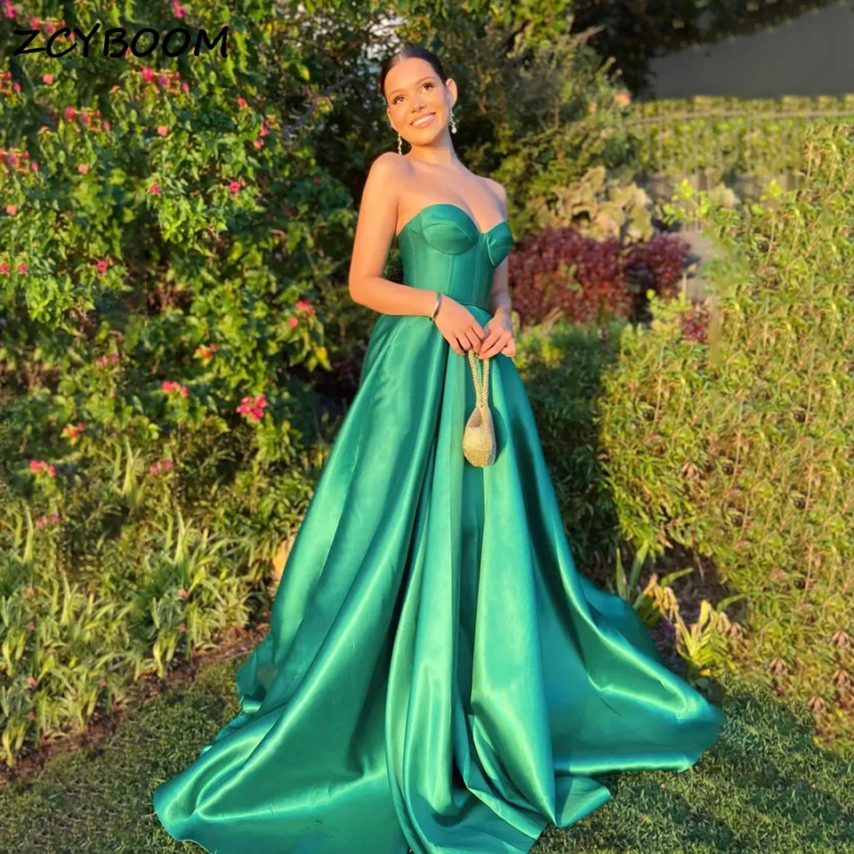 

Elegant Green Strapless Satin Side Split Evening Dresses For Women 2023 Sweetheart Backless A Line Floor Length Party Prom Gowns