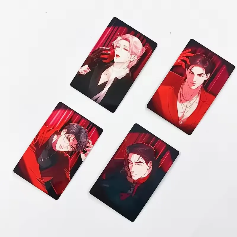 Set de 4 Tarjetas Fotográficas de Webtoon Coreano 'Feel the Red' - Lomo de Personajes de Manga de Doble Cara para Cosplay y Entusiastas de Juegos