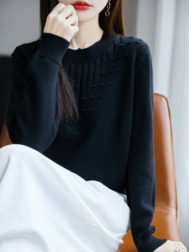 Thiened malhas de algodão puro de sete agulhas redondas ne suéter solto feminino casual sle longo sve outono primavera inverno top