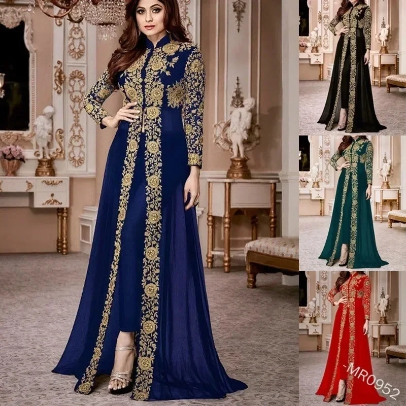 

Vintage maxi Dress Women Print Long Sleeve Two Piece Set Stand Collar Plus Size Empire Floor-Length Dresses