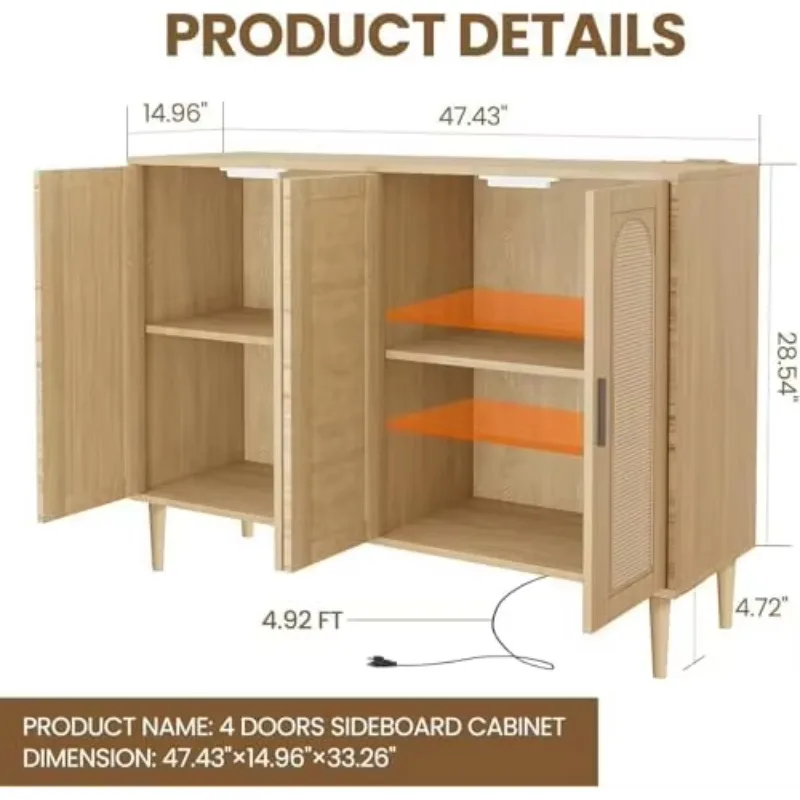 Rattan Sideboard Buffet Cabinet, Boho Accent Storage Cabinet, 4 Doors Console Table Coffee Bar with Power Outlet