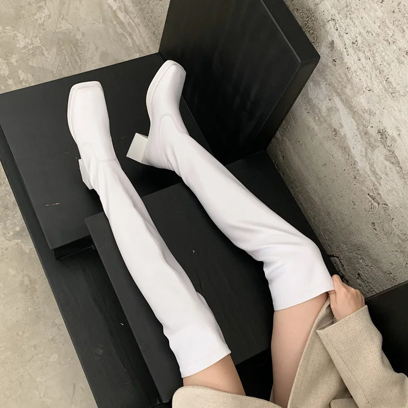 Square Toe Women Over The Knee Stretch Boots Black White Thick Mid Heels Autumn Spring Sock Boots Elastic Botas Slip On Botas