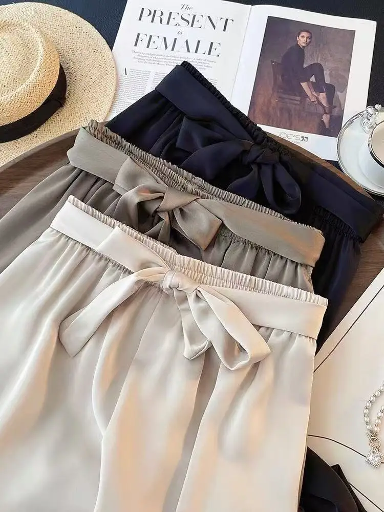 Acetat Satin Hosen Frühling und Sommer Schwarz Boden Wischen Casual Hosen Koreanische Lose Hohe Taille Büro Dame Gerade Hosen