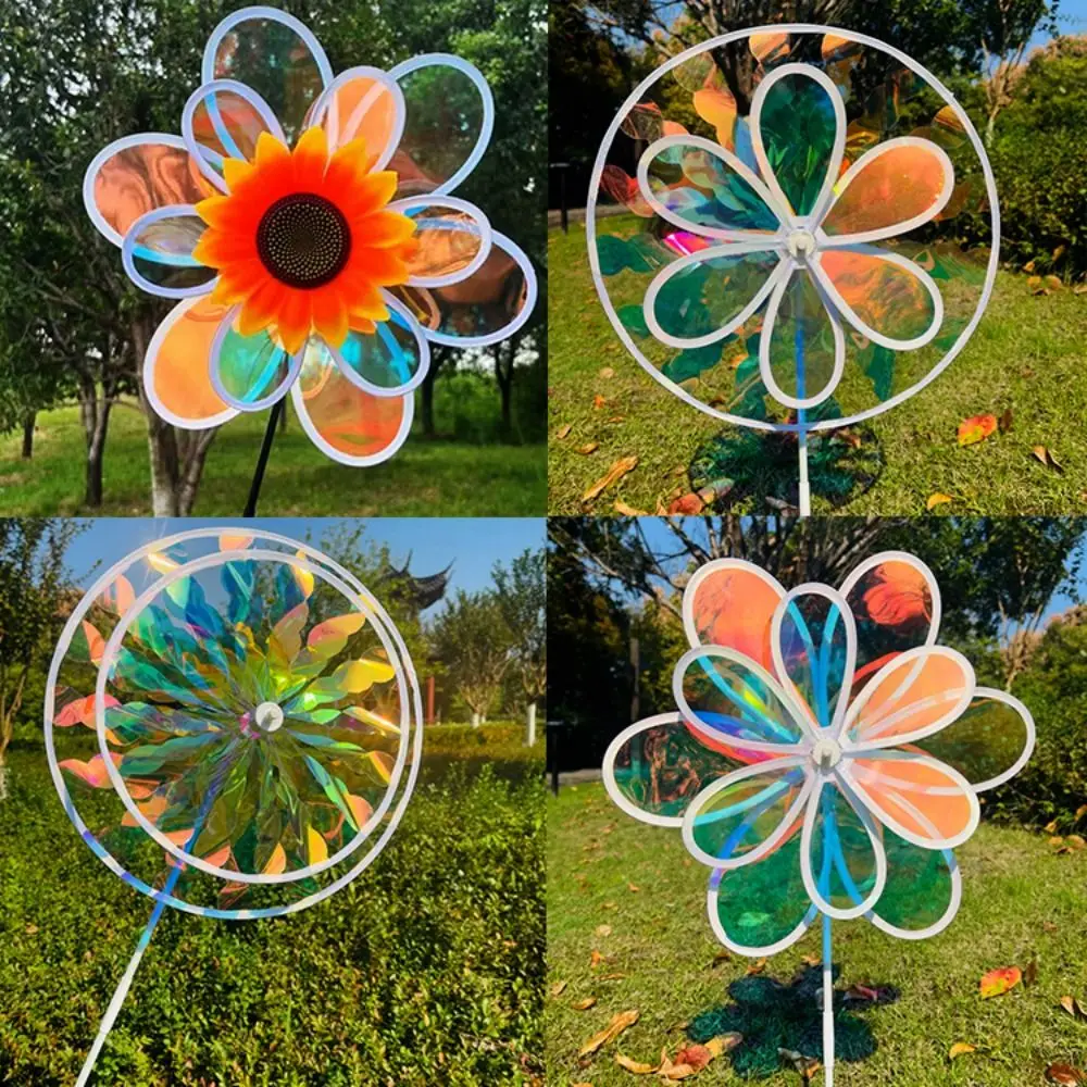 다양한 스타일의 해바라기 풍차 지름 27~38cm 이중 레이어 레이저 반짝이는 스테이크형 잔디 꽃바람개비 PVC