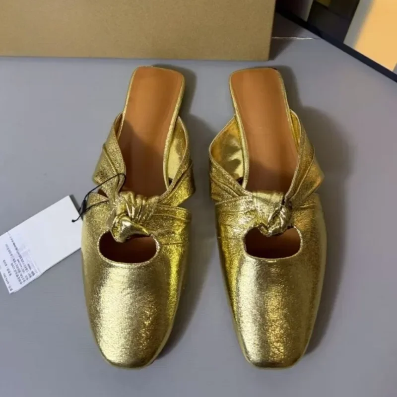 

Shiny Golden Women Mules Shoes Elegant Bow Knot Design 2025 Summer Casual Footwear Comfortable Outdoor Flat Sandals for Female