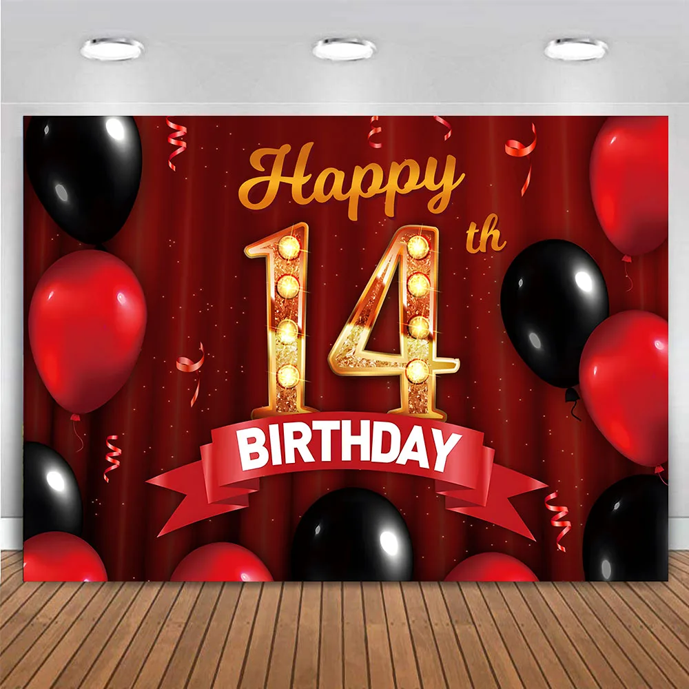 

Custom Happy 14th Birthday Party Decoration Banner Backdrop For Boys Girls Red And Black Balloons Curtain Photography Background