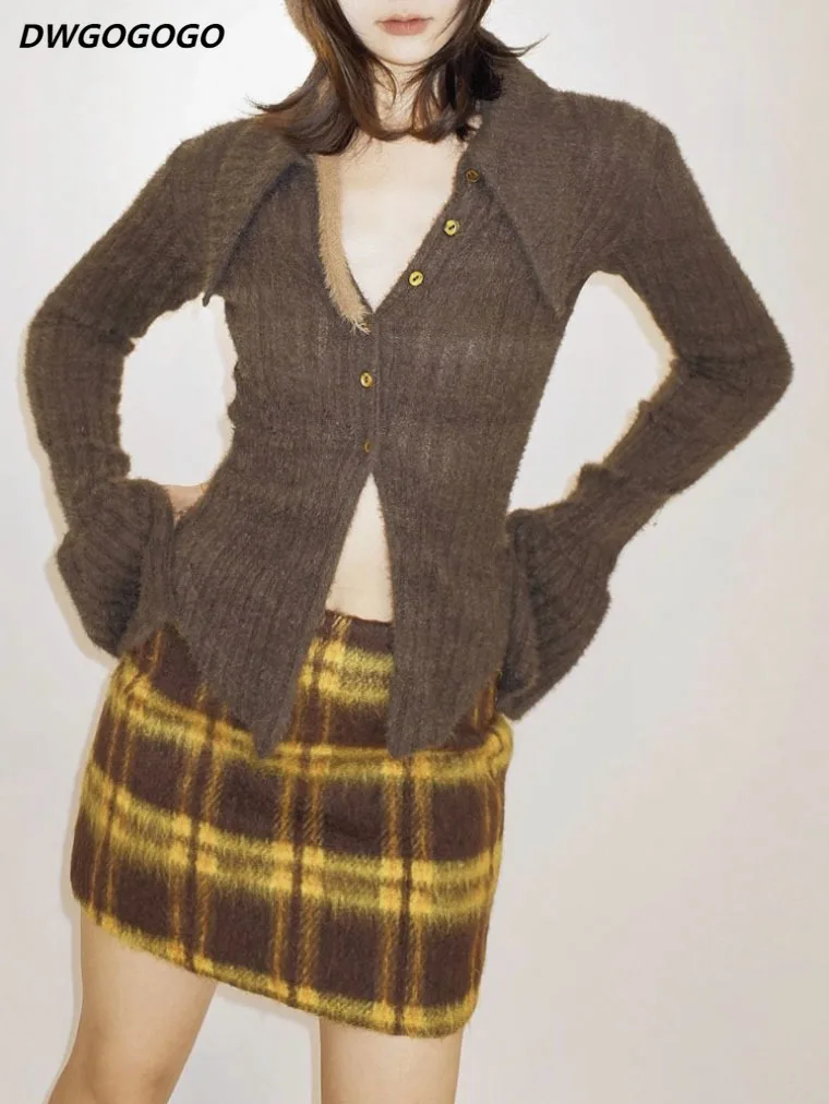 

Vintage Folds Y2K Sweater For Women Elegant Fashion Flared Long Sleeve Cardigan Through Sexy Streetwear