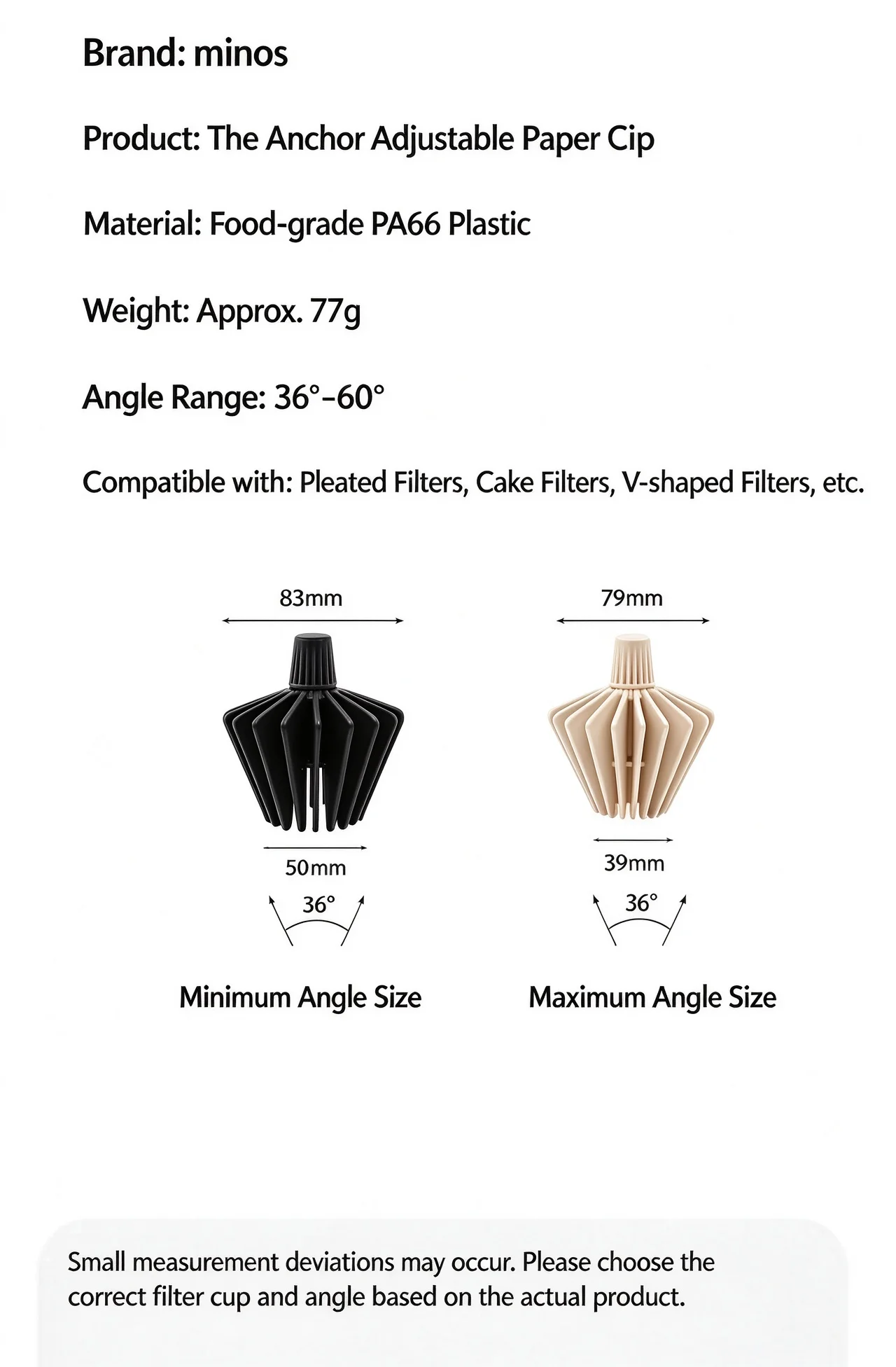 Adjustable Paper Filter Shaping Tool with 36-60 Degree Range for Multiple Filter Cups