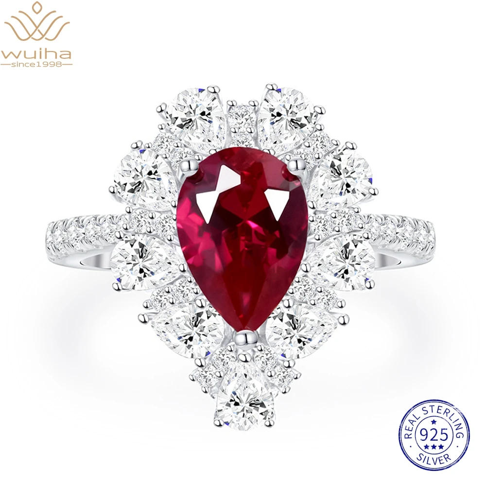 

WUIHA Solid 925 Sterling Silver Pear 7*10MM Ruby Gemstone Created Moissanite Wedding Engagement Ring for Women Gift Fine Jewelry