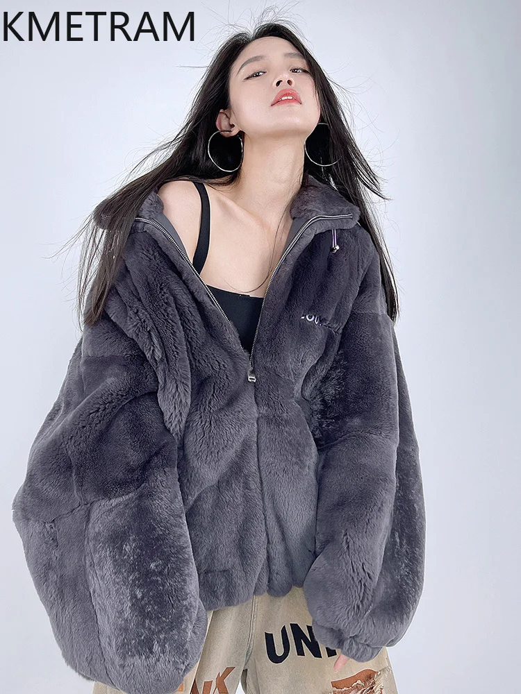 Natural Rex Rabbit Fur Coat Women Oversized Dark Gray Real Fur Coats Woman Winter Clothes 2025 Furry Jacket шуба женская