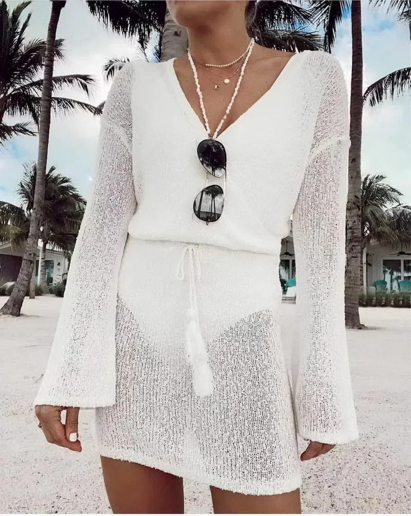 

Para Praia Long Sleeve Crochet Swimwear Cover Ups 2024 Pullover Sexy See Through Beach Dress Women Bikini Covers Beachwear
