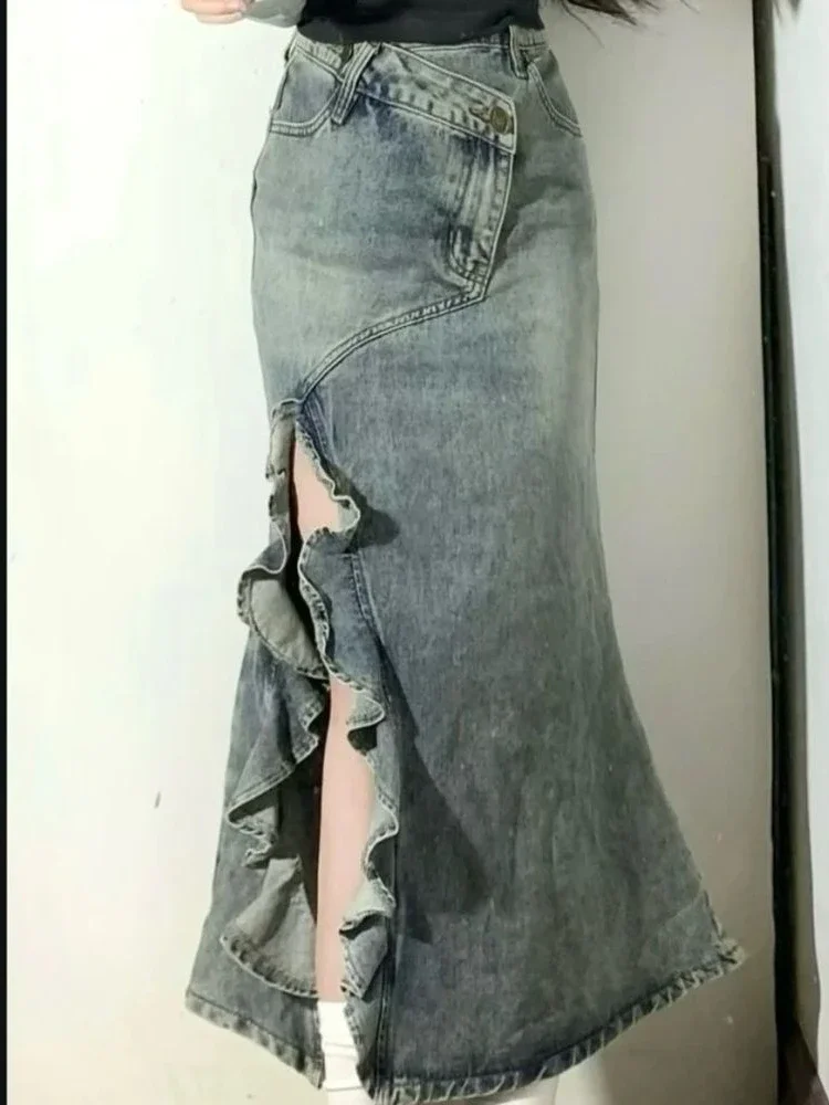 2024 Zomer Slanke Denim Onregelmatige Split Fishtail Lange Rok Hoge Taille Loszittende Blauwe Zeemeerminrok