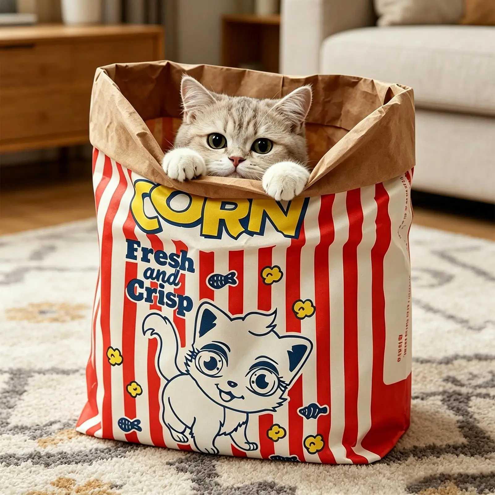 Crinkle Cat Bag Foldable Interactive Crinkle Sack For Cats, Cartoon Cat Crate Hideaway Bed With Carrying Handle