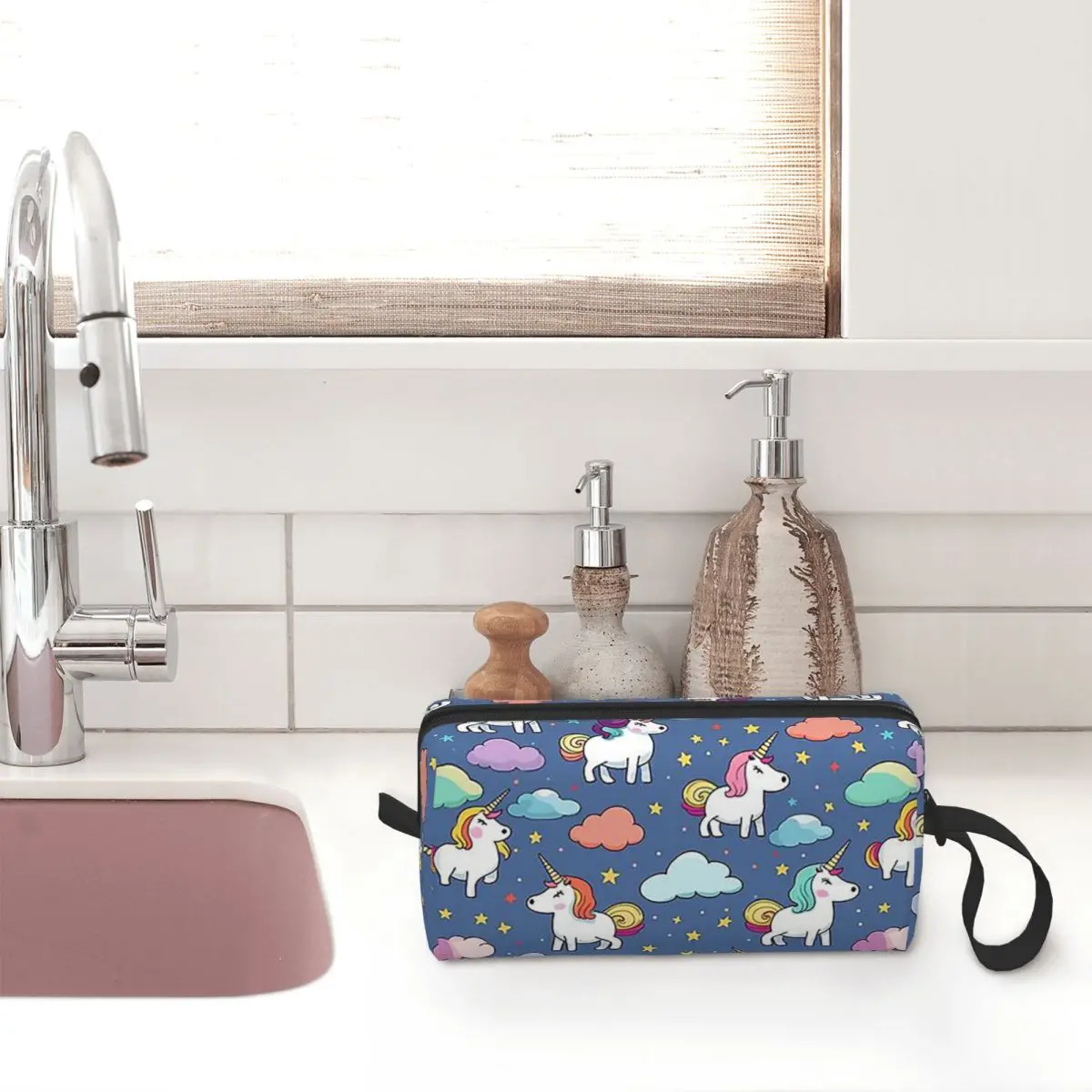 Unicorn Cartoon Design Cute Unicorn Illustration Whimsical Nursery Decor Makeup Bag Cosmetic Organizer Storage Dopp Kit